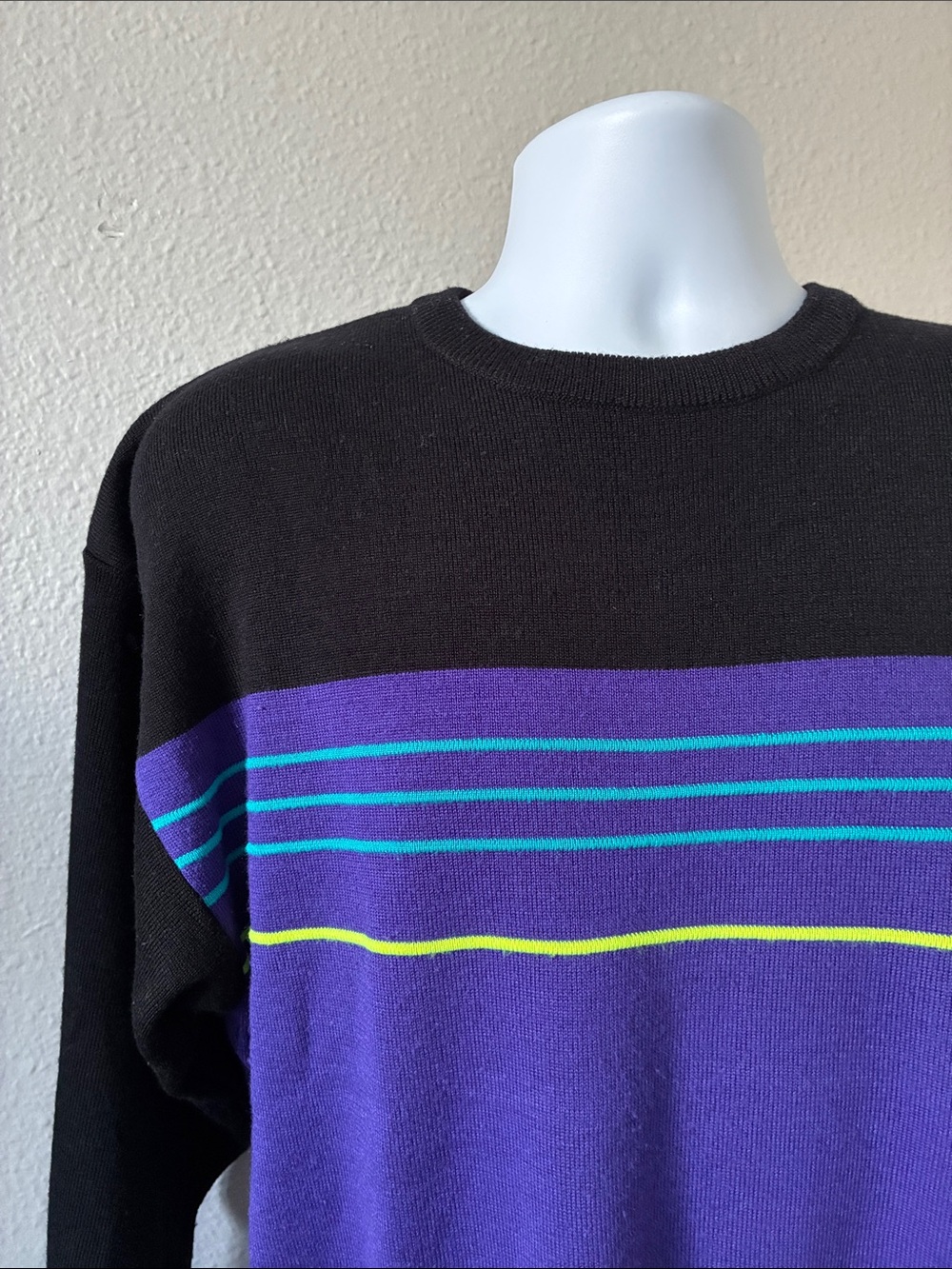 Vintage Slalom Men's Crewneck Stripe Wool Colorblock Ski Sweater Purple Black